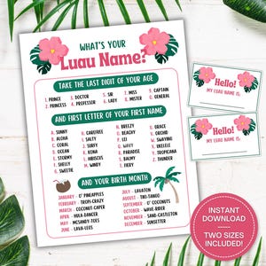 What&#39;s Your Luau Name Game With Name Tags, Hawaiian Party Game, Tropical Birthday Party Activity, Aloha Party Decoration, Tiki Party Game