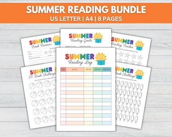 May include: A set of printable summer reading log pages featuring a sun with a book design. The pages include a book review, reading goals, reading tracker, and 25 book challenge.