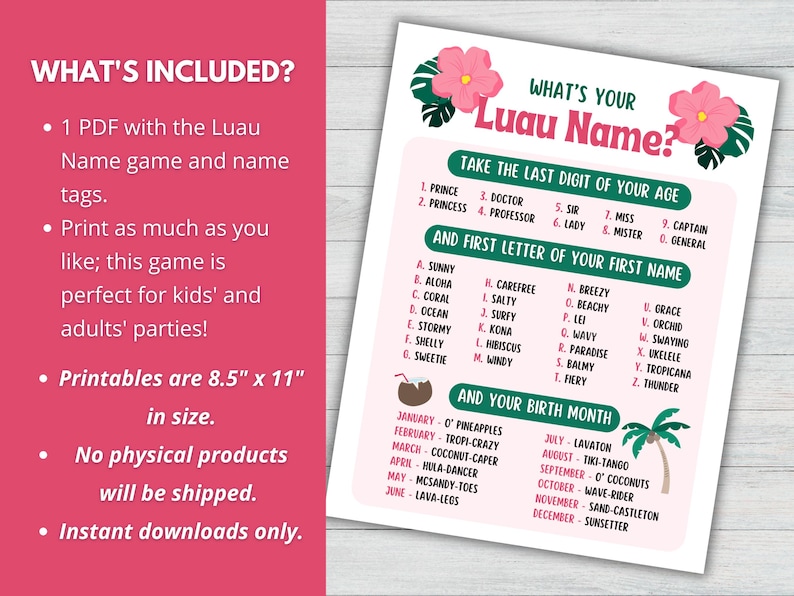What's Your Luau Name Game With Name Tags, Hawaiian Party Game ...