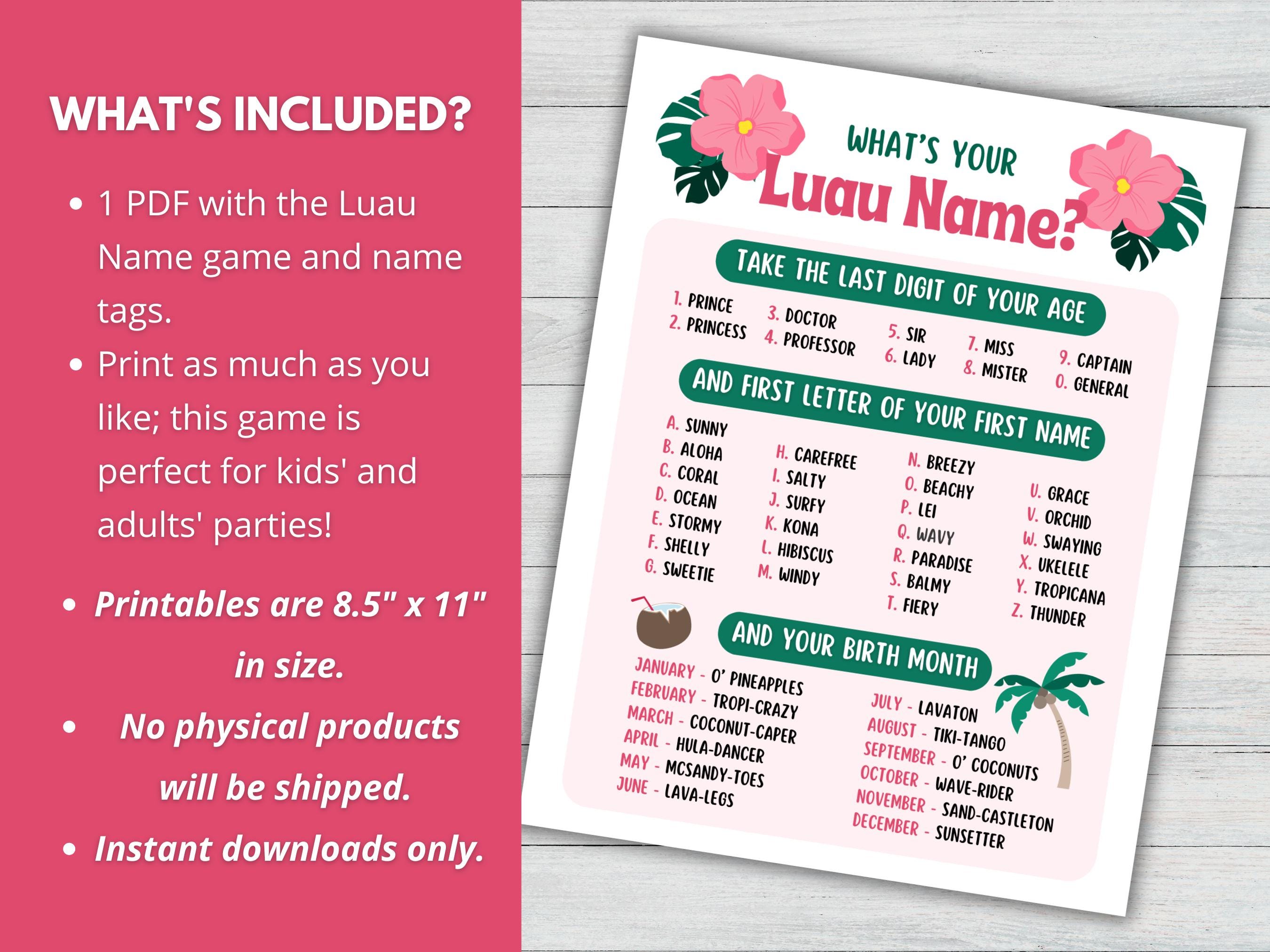 What's Your Luau Name Game With Name Tags, Hawaiian Party Game ...
