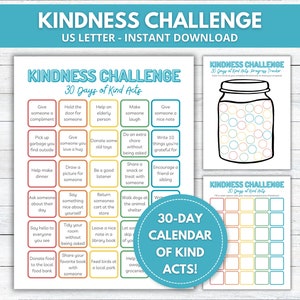 Acts of Kindness-kalender, vriendelijkheidskalender afdrukbaar, vriendelijkheidskalender voor kinderen, Kindness Tracker, Kindness Challenge, dankbaarheidslijst