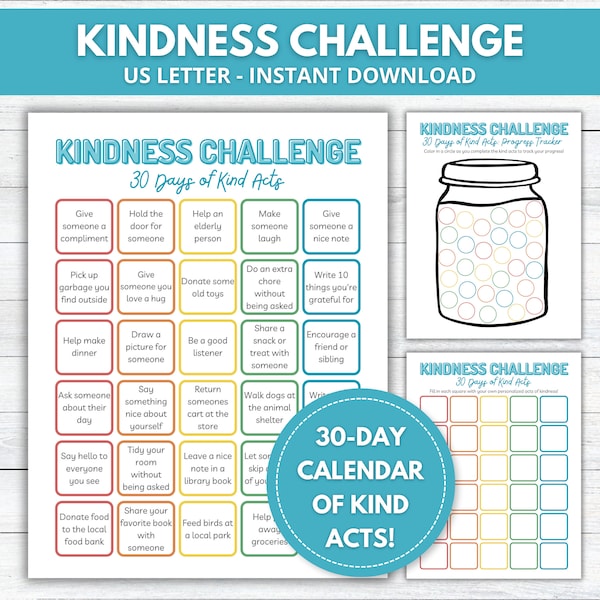 Acts of Kindness Calendar, Kindness Calendar Printable, Kindness Calendar for Kids, Kindness Tracker, Kindness Challenge, Gratitude List