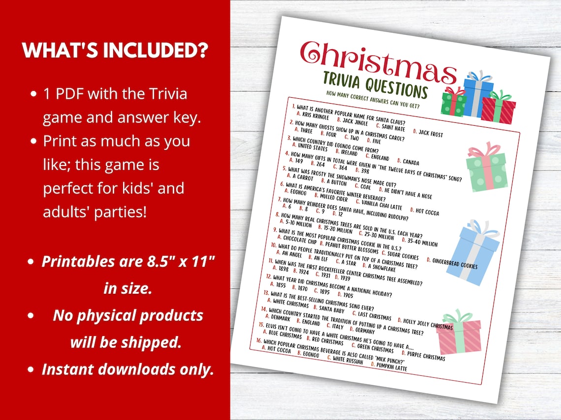 Christmas Trivia Game Printable, Christmas Party Game, Holiday Trivia ...