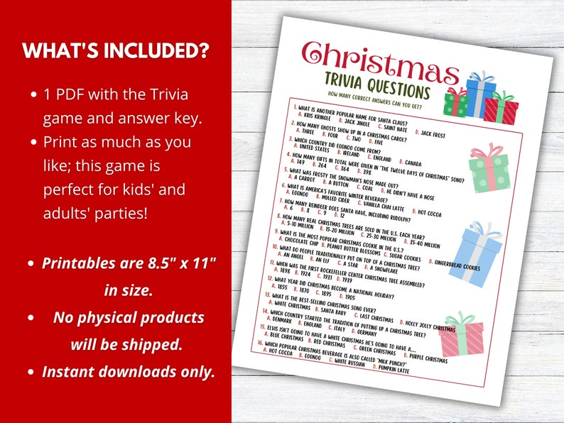 Christmas Trivia Game Printable, Christmas Party Game, Holiday Trivia ...