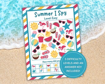 Summer I Spy Game, Learn to Count Printable Activity, Search and Find, Kindergarten Math Game, Preschool Kids Summer Activity, Seek and Find