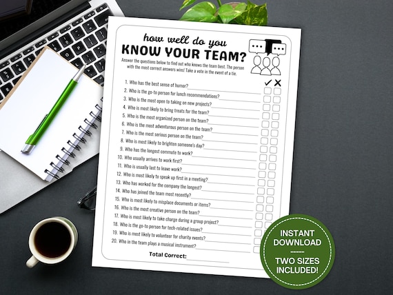 Team Building Games, How Well Do You Know Your Team, Workplace Games, Coworker Activity, Happy Hour Office Party Quiz, Staff Meeting Game