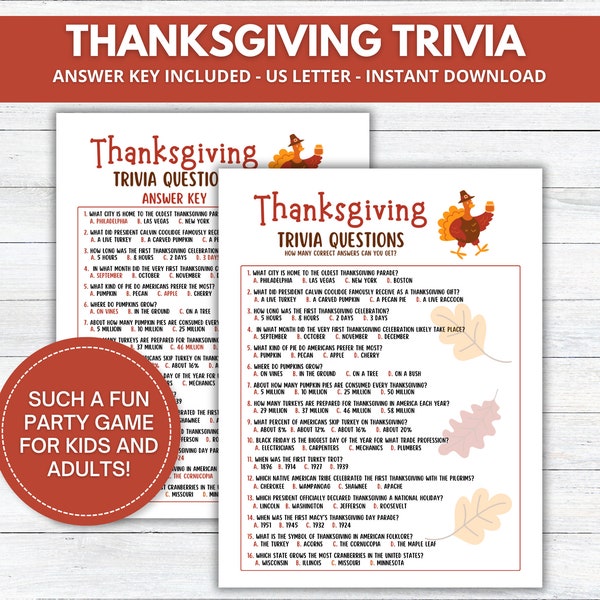 Thanksgiving Trivia Game, Printable Thanksgiving Trivia Questions, Fall Family Games, Trivia Quiz For Kids & Adults, Thanksgiving Party Game