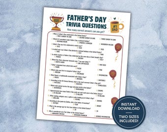 May include: A Father's Day trivia game with multiple-choice questions. The printable game features a trophy, coffee mug, and balloons. The text includes "Father's Day Trivia Questions" and "Instant Download, Two Sizes Included!"