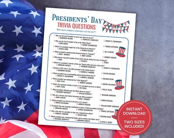 Presidents' Day Trivia Game, Presidents' Day Game, Presidential Trivia, Patriotic Trivia, US Presidents Quiz, US History Trivia, Fun Facts