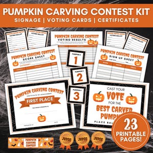 May include: A pumpkin carving contest kit with signage, voting cards, and certificates. Includes score sheets, sign-up sheets, voting ballots, and certificates for first place. Features pumpkin graphics and the text "23 Printable Pages!"