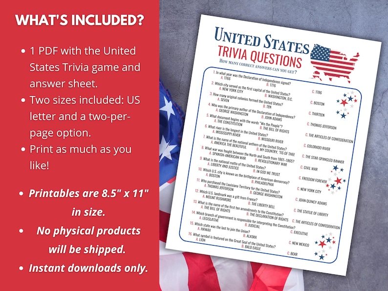 United States Trivia Game, USA Trivia, 4th of July Trivia, 250th ...