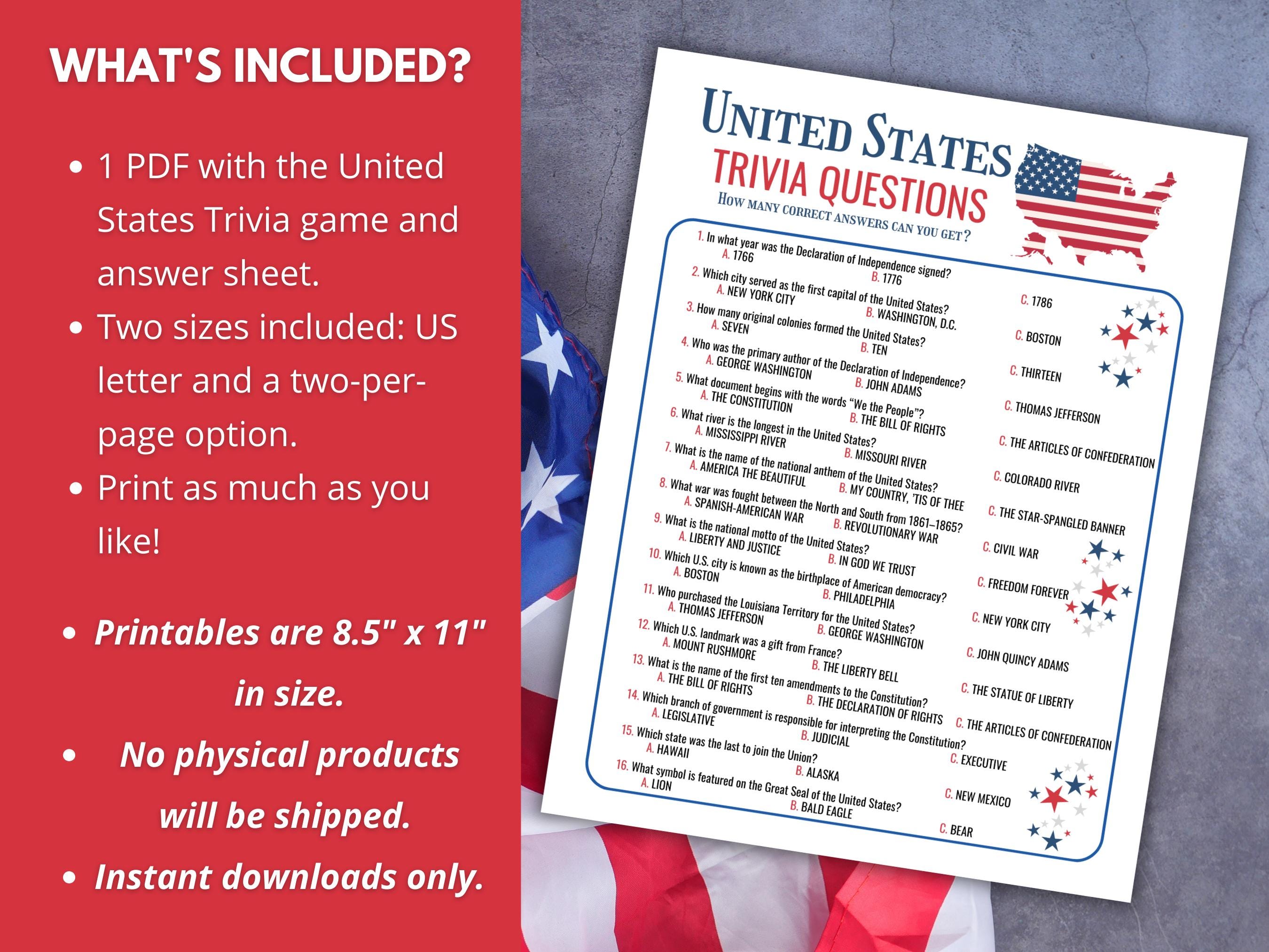 United States Trivia Game, USA Trivia, 4th of July Trivia, 250th ...