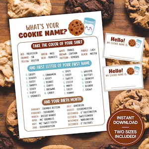 以下が含まれることがあります： 「あなたのクッキーの名前は？」というタイトルの印刷可能なゲームカード。カードには、シャツの色、名前の最初の文字、誕生月を基にしたクッキーの名前のリストが掲載されています。カードには、「こんにちは！私のクッキーの名前は：」というテキストが書かれた空白のカードが2枚含まれています。