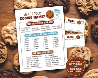 Juego "Cuál es tu nombre de galleta" + Etiquetas con nombres, Juego de fiesta de cumpleaños de galletas y leche, Imprimible para fiesta con temática de galletas, Intercambio de galletas