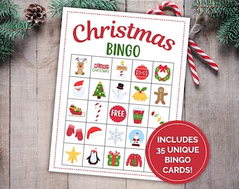 May include: A printable Christmas Bingo card with 25 squares featuring various Christmas icons, including a reindeer, Santa Claus, a Christmas tree, a snowman, a gingerbread man, a candy cane, a snowflake, a penguin, and a gift. The card includes the text "Christmas Bingo" and "Includes 35 Unique Bingo Cards!"