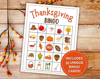May include: A printable Thanksgiving Bingo card with a variety of Thanksgiving-themed images, including a pilgrim hat, a cornucopia, a pumpkin, a turkey, and a football. The card is white with black lines and the text "Thanksgiving Bingo" in orange and black. The text "Includes 35 Unique Bingo Cards!" is in a circle with an orange background.