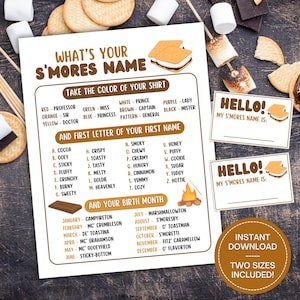 May include: A printable s'mores name game with a list of names based on shirt color, first initial, and birth month. Includes two sizes and the text "Instant Download". Marshmallows, graham crackers, and chocolate bars are arranged around the game.
