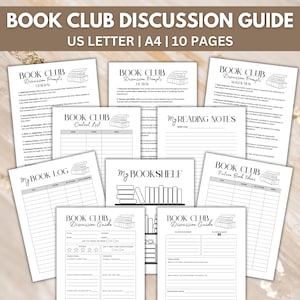 Book Club Discussion Guide with ten pages. Black font on white paper. Note pages, trackers, and review pages included.