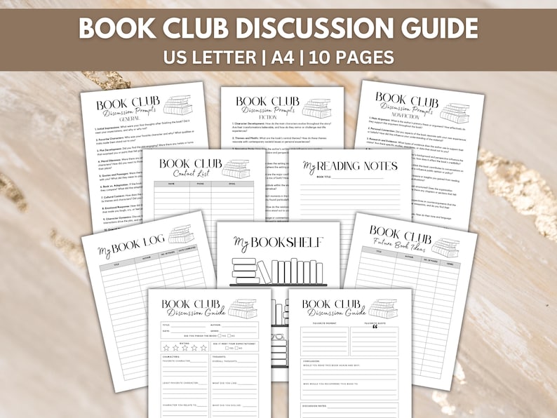 Book Club Discussion Guide with ten pages. Black font on white paper. Note pages, trackers, and review pages included.