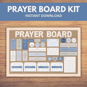 Puede incluir: Un kit de tablero de oración enmarcado con el texto "PRAYER BOARD KIT" y "INSTANT DOWNLOAD". El tablero incluye secciones para escrituras, oraciones y notas, con detalles en azul y blanco. Está diseñado para la reflexión espiritual.