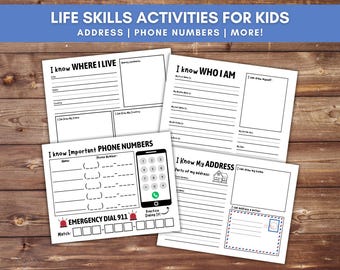Life Skills For Kids Printable Bundle, Phone Number & Address Activity Worksheets, Homeschool Curriculum, Preschool Learning, Name Activity