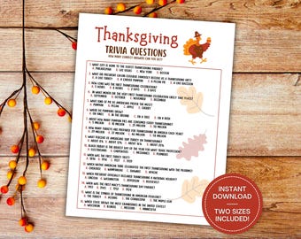 May include: A printable Thanksgiving trivia game with 18 questions. The game features a cartoon turkey with a pilgrim hat and a glass of wine. The questions cover a variety of Thanksgiving topics, including history, food, and traditions. The game is perfect for a fun and festive gathering.