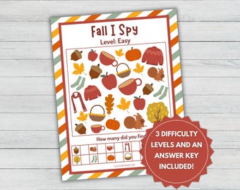 Fall I Spy Kids Activity, Autumn I Spy Game Printable, Seek and Find, Look and Find, Preschool Quiet Time Worksheets, Counting Activity