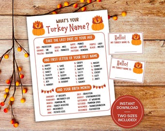 What's Your Turkey Name Game and Name Tags, Thanksgiving Game, Thanksgiving Name Generator, Friendsgiving Game, Thanksgiving Family Activity