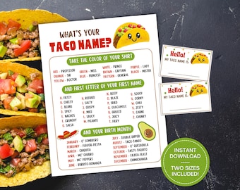 What's Your Taco Name Game With Name Tags, Taco Party Game, Mexican Fiesta Party, Taco Tuesday, Cinco de Mayo Printable, Fiesta Icebreaker