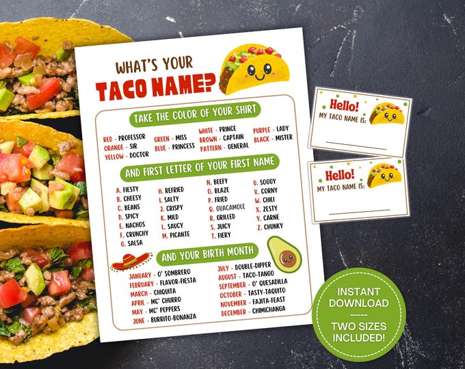 Whats Your Taco Name? | Cinco De Mayo Games | Party Printables for Kids ...