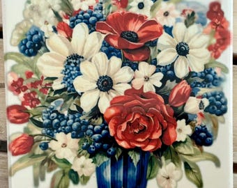 Vase of Patriotic flowers Ceramic Tile Coasters, Sublimation