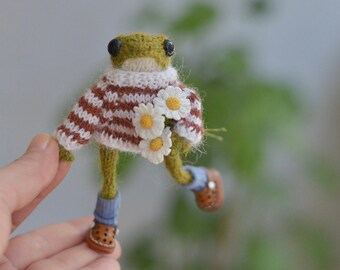 Frog and sweater, shoes, socks and 3 crochet daisies ,handmade Knitted frog , miniature frog