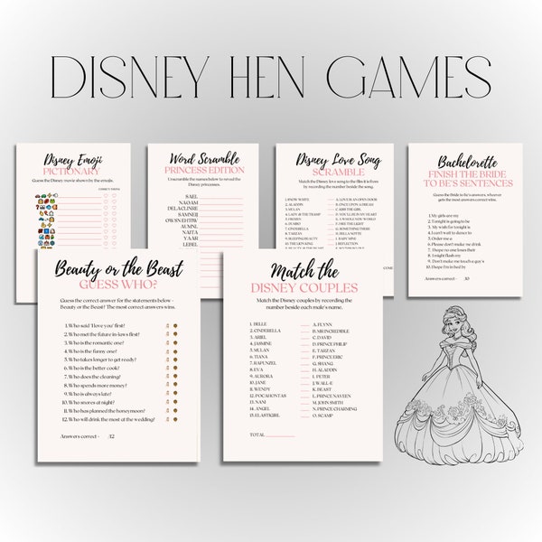 Princess Hen Party Games Bundle | Bachelorette Party | Bridal Shower | Instant Digital Download | Fun Clean Love | Pictionary Mickey Minnie