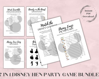 Princess Hen Party Games Bundle | Bachelorette Party | Bridal Shower | Instant Digital Download | Fun Clean Love | Pictionary Mickey Minnie