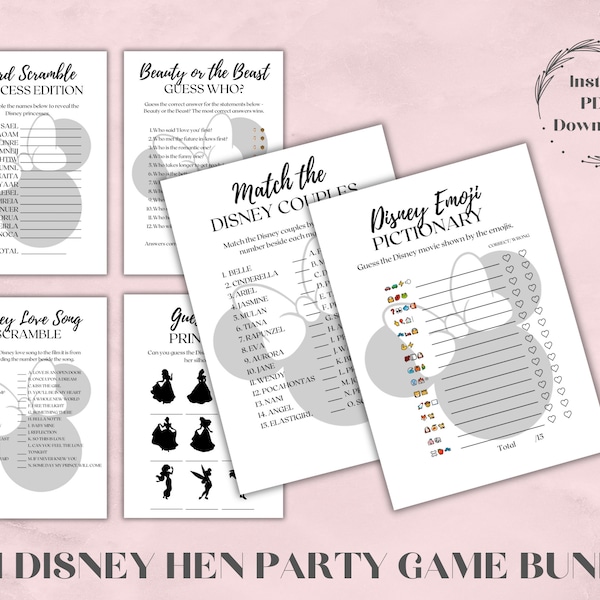 Prinzessin-Junggesellinnenabschied-Spielepaket | Junggesellenabschied | Brautparty | Sofortiger digitaler Download | Spaß saubere Liebe | Piktogramm Mickey Minnie