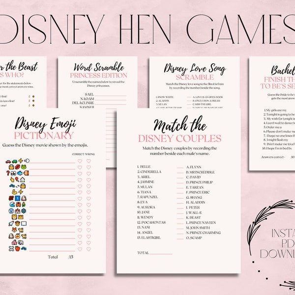 Princess Hen Party Games Bundle | Bachelorette Party | Bridal Shower | Instant Digital Download | Fun Clean Love | Pictionary Mickey Minnie