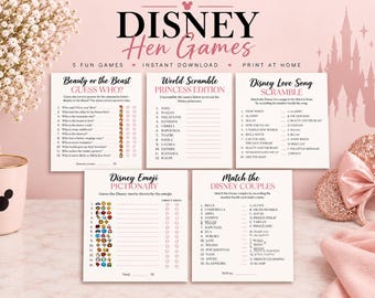 Op de afbeelding: Een set van vijf Disney Hen Games activiteitenbladen met Beauty or the Beast Guess Who, World Scramble Princess Edition, Disney Love Song Scramble, Disney Emoji Pictionary en Match the Disney Couples, gedrukt op wit papier.