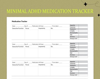 Planilha digital / imprimível do rastreador de medicamentos para TDAH, registro de efeitos colaterais