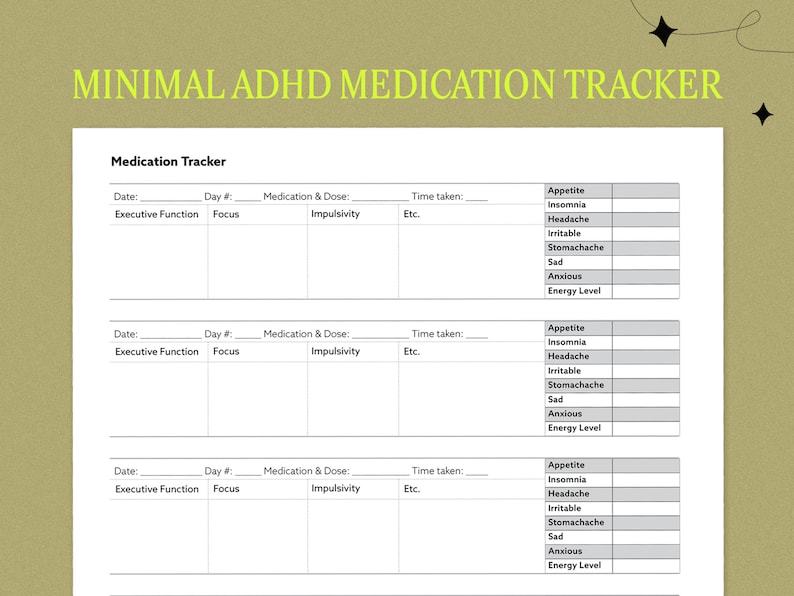 May include: A printable medication tracker for people with ADHD. The tracker includes sections for date, day number, executive function, focus, impulsivity, medication and dose, time taken, etc., and side effects like appetite, insomnia, headache, irritable, stomachache, sad, anxious, and energy level.