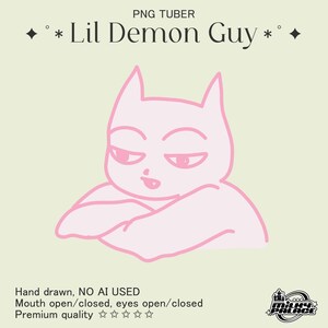 May include: A pink cartoon cat with closed eyes and a slightly open mouth. The cat is lying on its stomach with its paws folded under its chin. The background is a light green color. The text "Lil Demon Guy" is written in black above the cat.