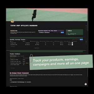 May include: A dark-themed TikTok Shop Affiliate Dashboard interface. The dashboard includes sections for tracking earnings, product databases, and goals. Text on the interface reads "Track your products, earnings, campaigns and more all on one page."