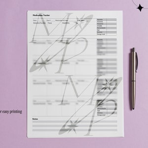 May include: A printable medication tracker sheet in letter size, 8.5 x 11 inches, with sections for date, dosage, medication and effects, executive function, focus, impulsivity, and notes.