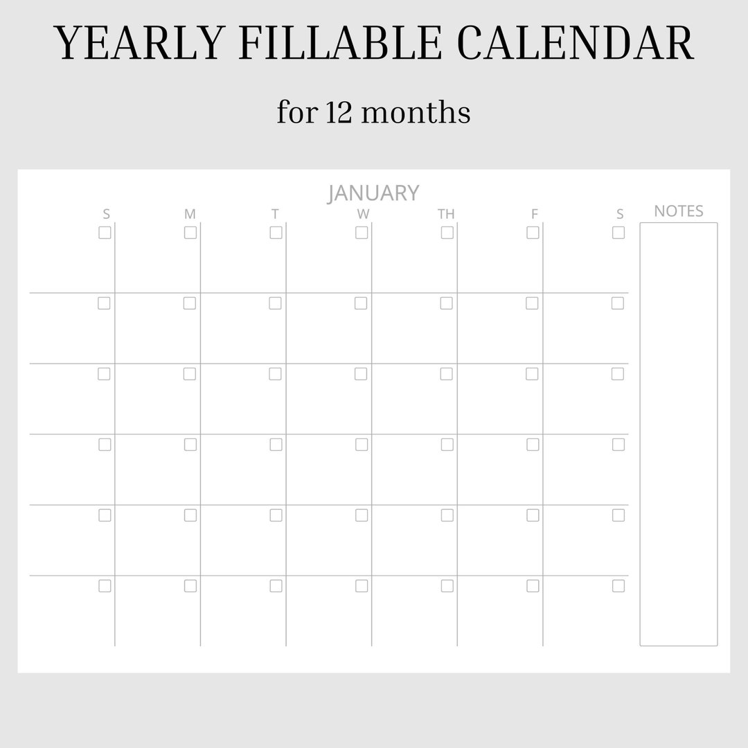 Yearly Fillable Printible Calendar for 12 Months Minimal - Etsy