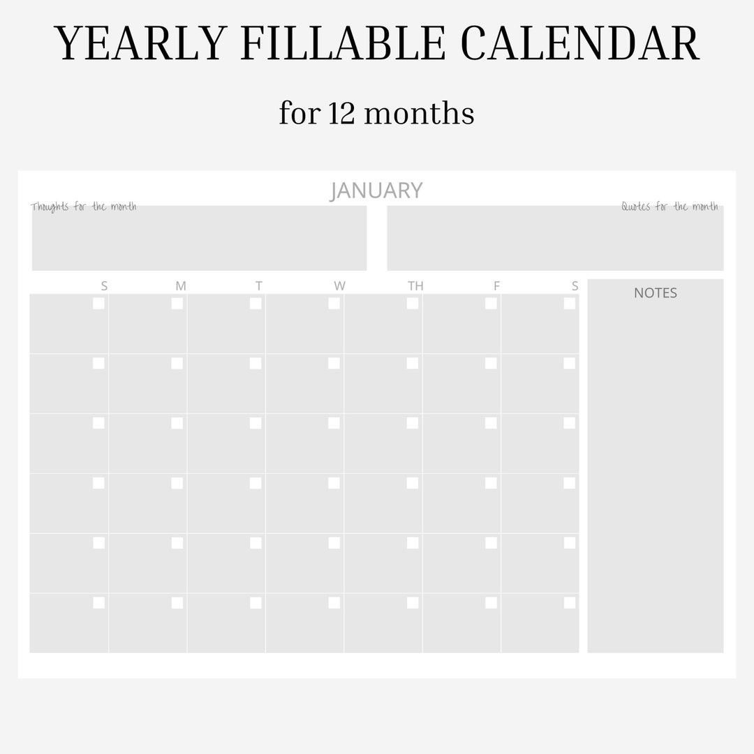 Yearly Fillable Printible Calendar for 12 Months Minimal - Etsy