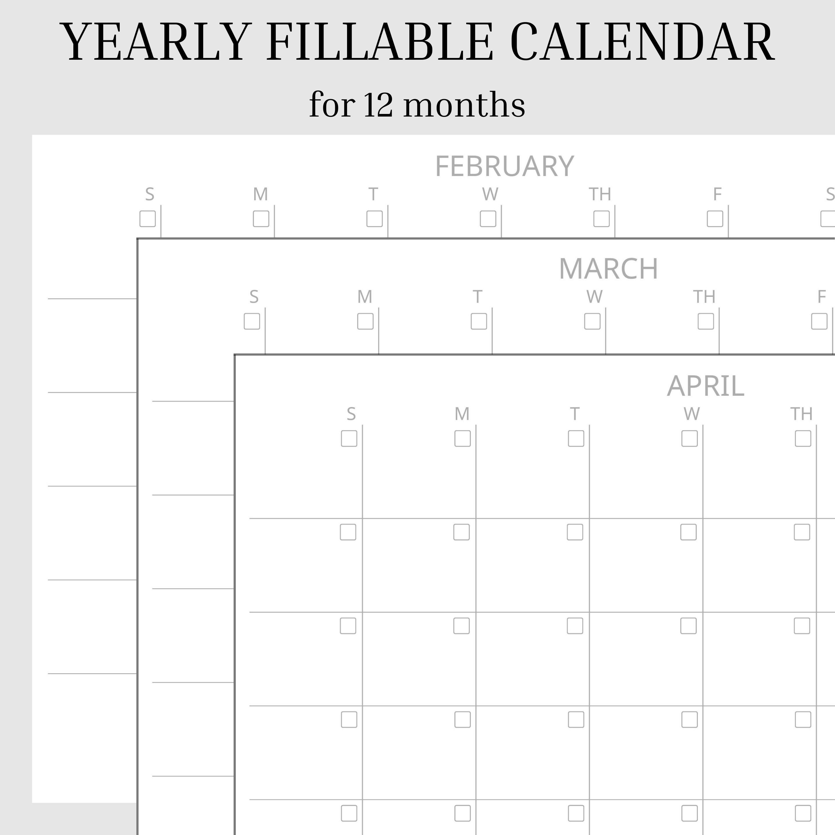 Yearly Fillable Printible Calendar for 12 Months Minimal - Etsy