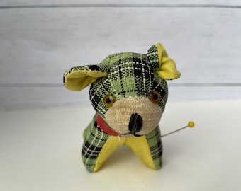 Vintage 1970’s plaid pin cushion and tape measure dog