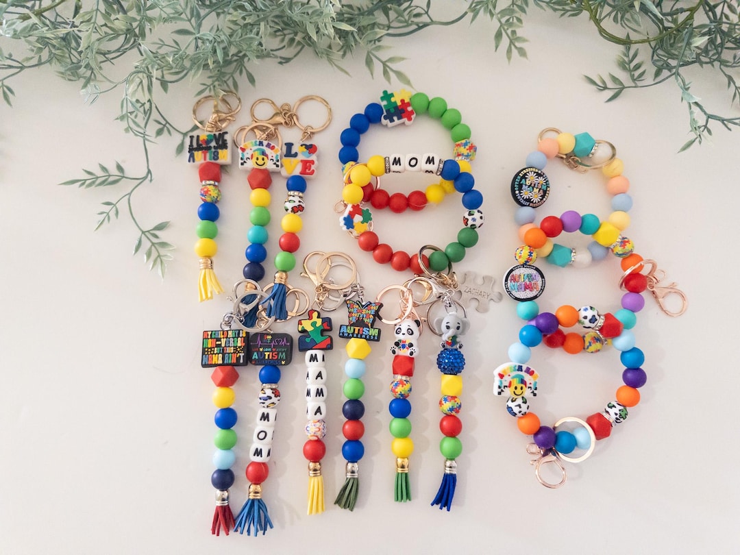 Autism Awareness Keychain: Silicone Beads, Tassel Bag Tag
