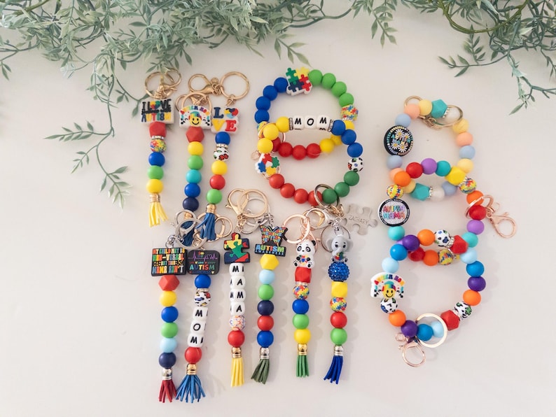 Autism Awareness Keychain: Silicone Beads, Tassel Bag Tag image 1