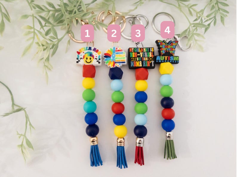 Autism Awareness Keychain: Silicone Beads, Tassel Bag Tag image 2