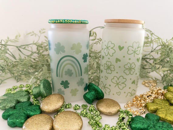 St. Patrick's Glass Can| St Patrick's Day Coffee Mug, Shamrock Coffee Mug, Shamrock Glass Can, Clover Coffee Mug, Clover and Rainbow Cup
